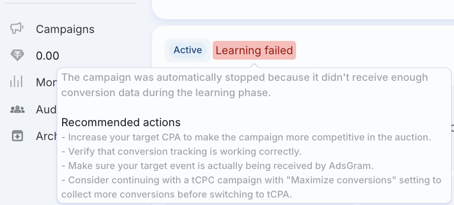 Campaign learning status